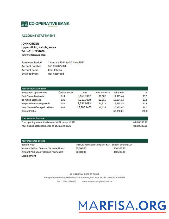 Realistic Kenya Co operative Bank of Kenya bank statement excel real example